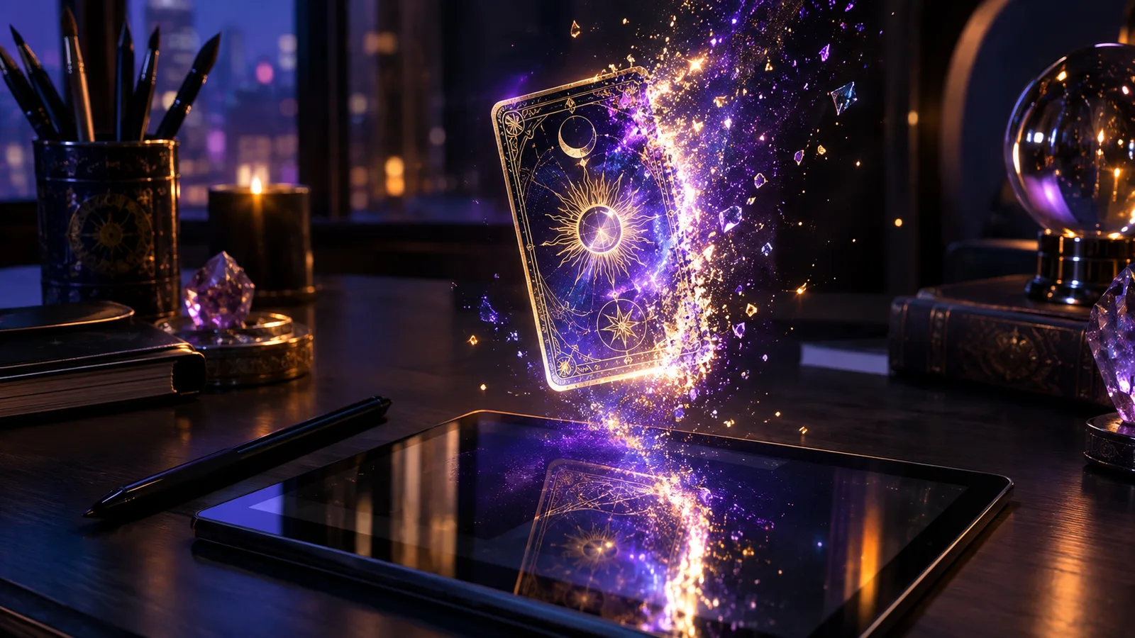 Glowing tarot card floating above a tablet with violet and gold light