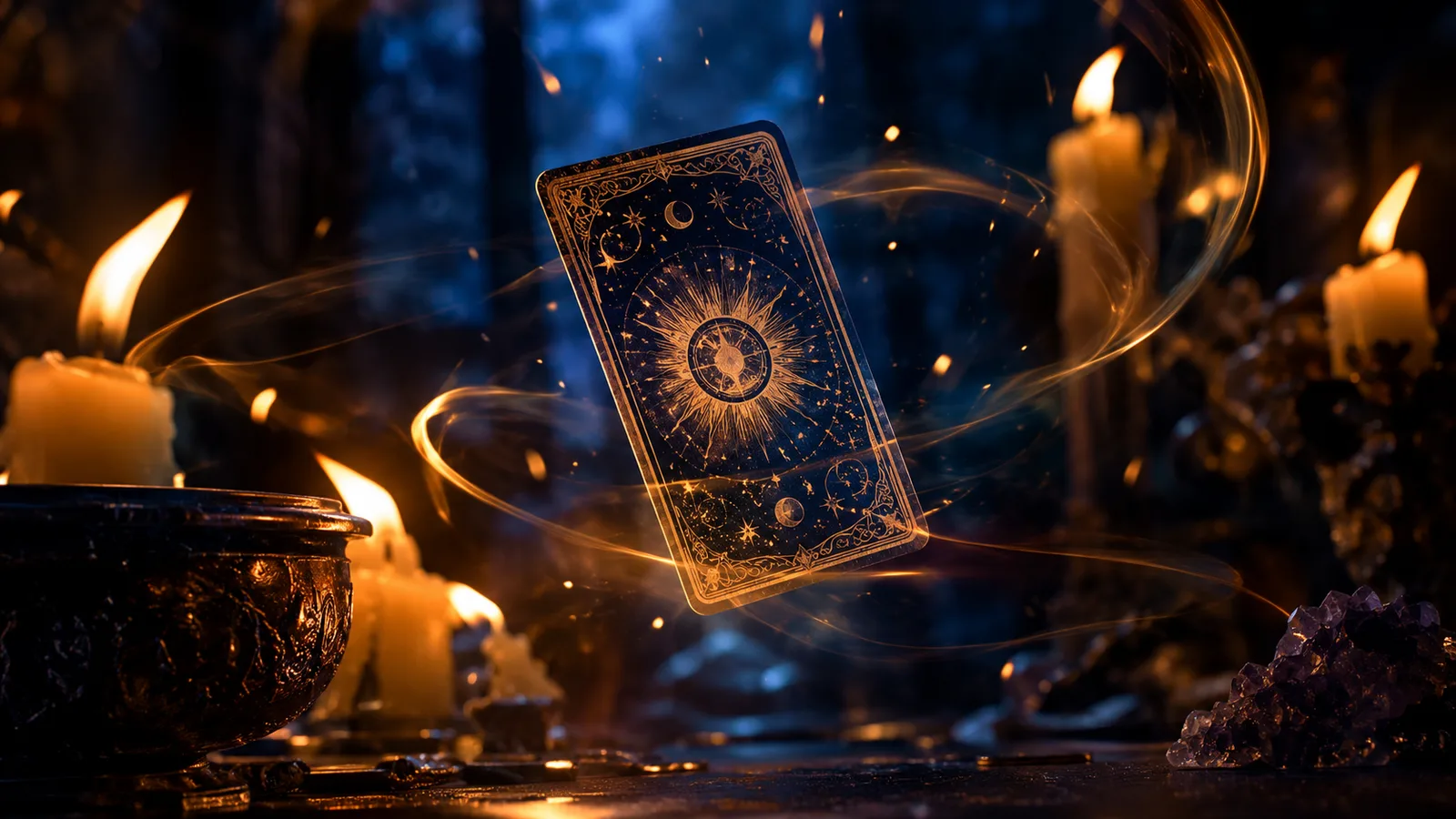 Tarot card floating with embers and motion trails in candlelight