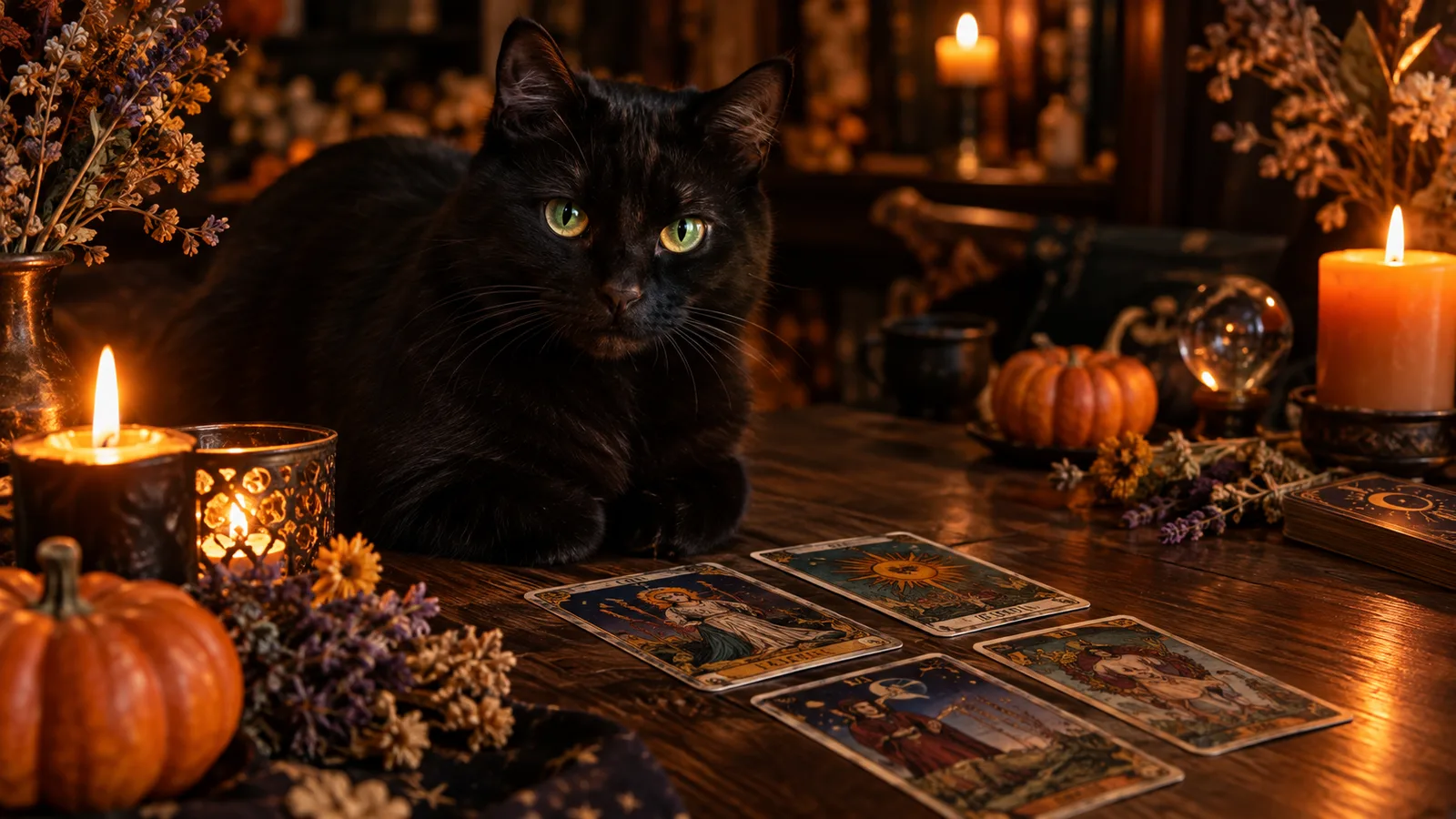 Black cat sitting beside a Halloween tarot spread