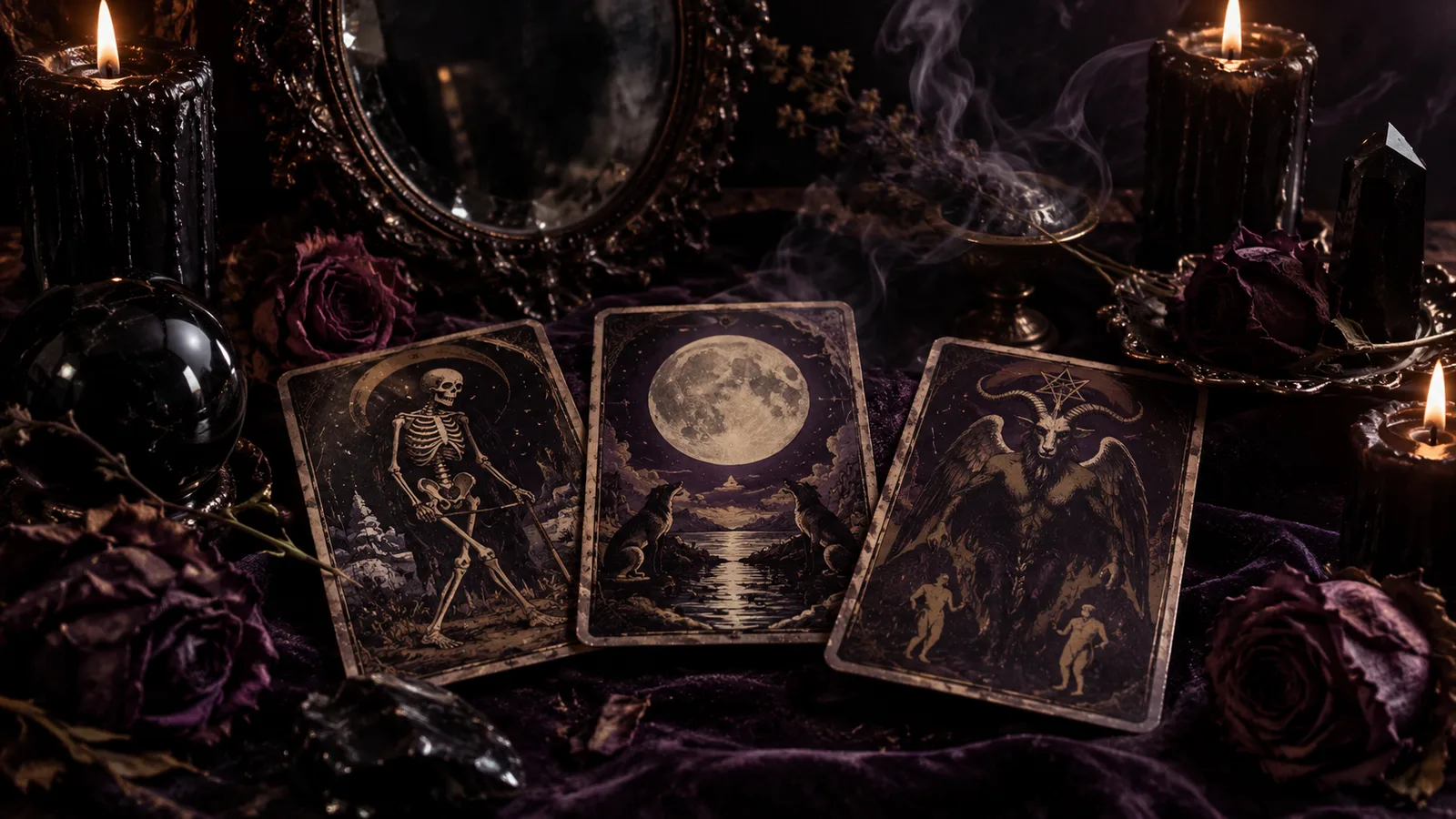 Three dark tarot cards on an altar with candles