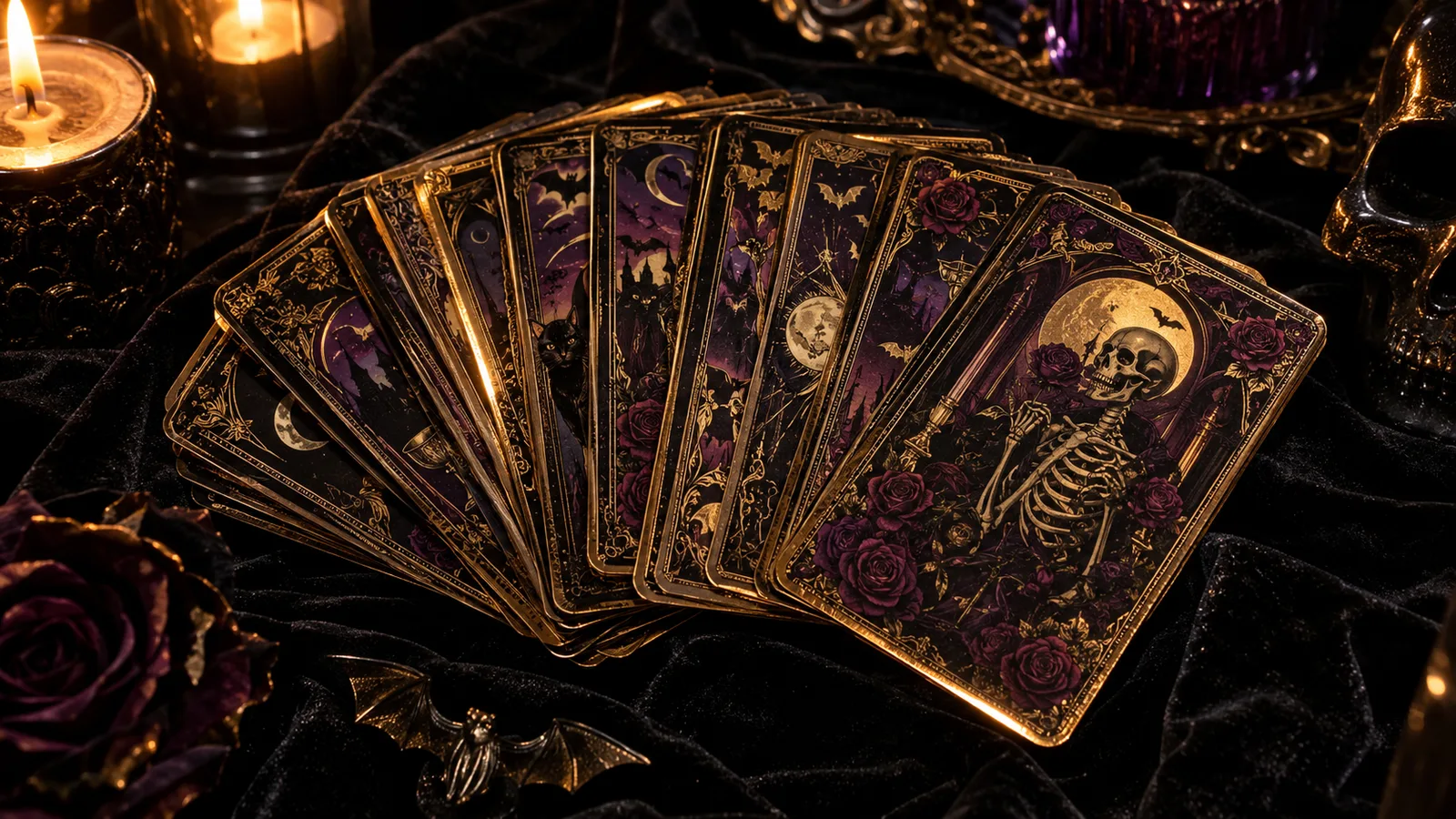 Fan of ornate gothic Halloween tarot cards with gold edges on black velvet