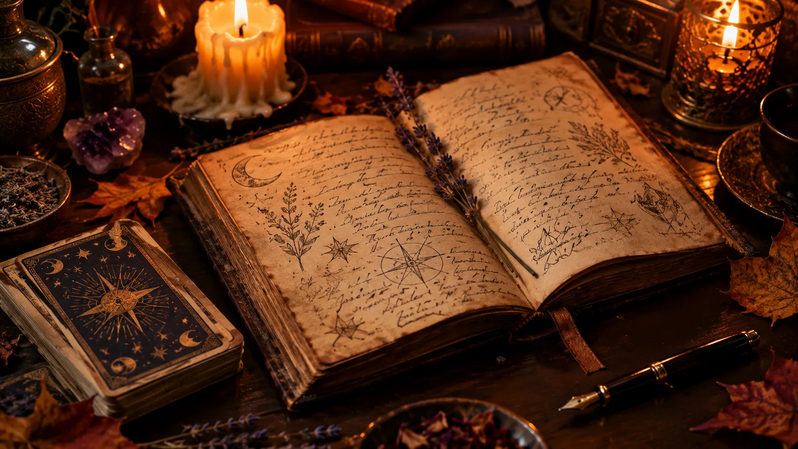 Open grimoire journal beside a tarot deck and candle
