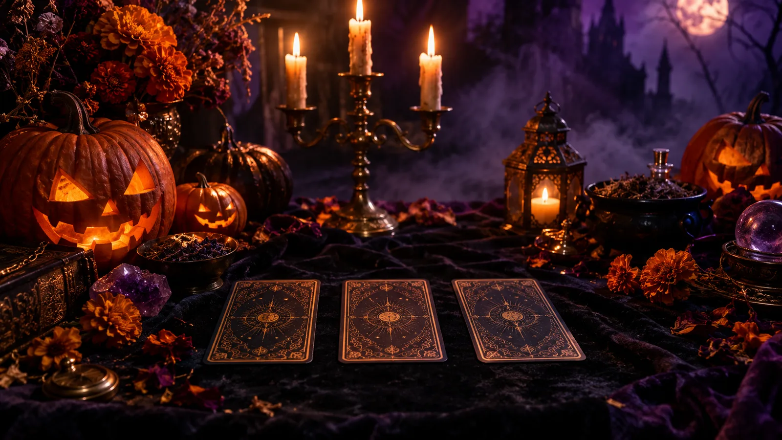 Halloween tarot table set up for a three-card spread