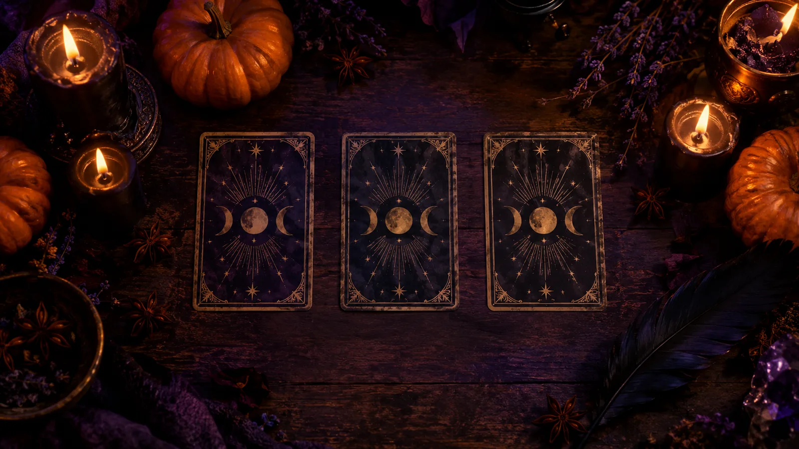 Three tarot cards laid out for a Halloween spread with candles and pumpkins