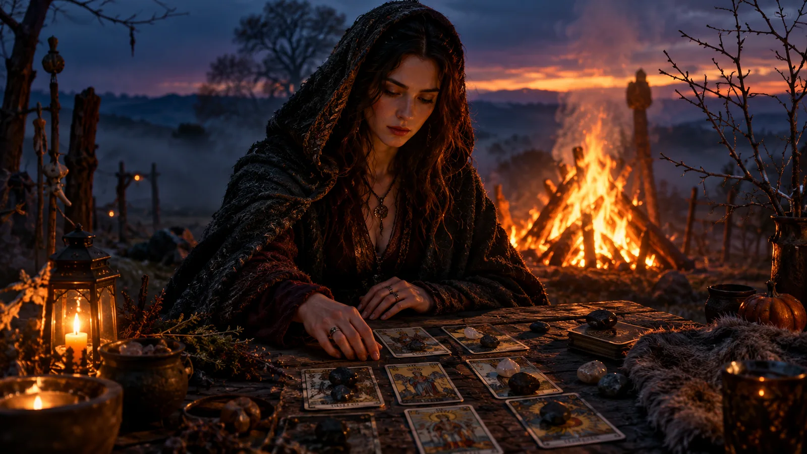 Samhain tarot reading beside a bonfire at dusk