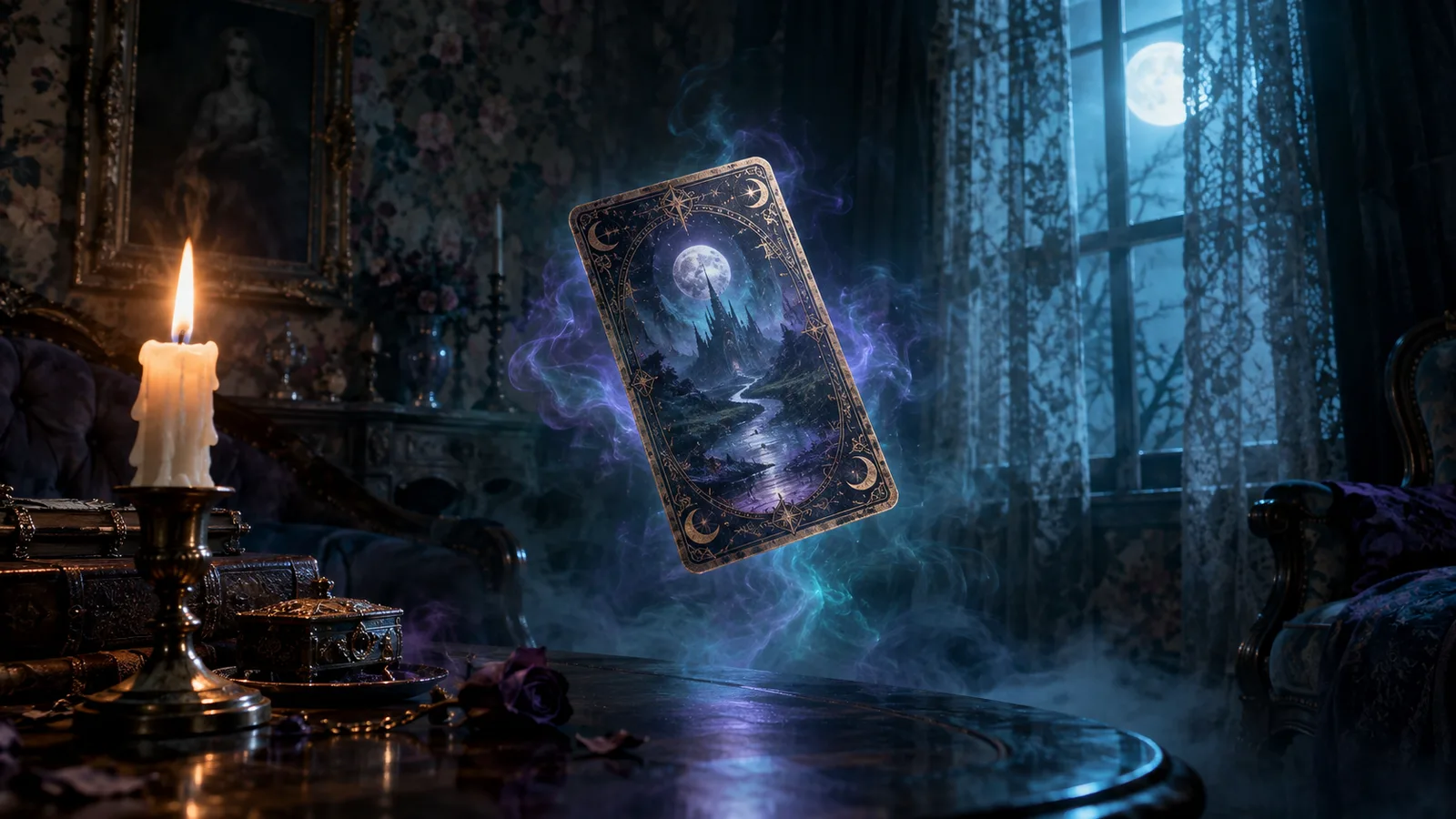 Single tarot card in a misty Victorian room