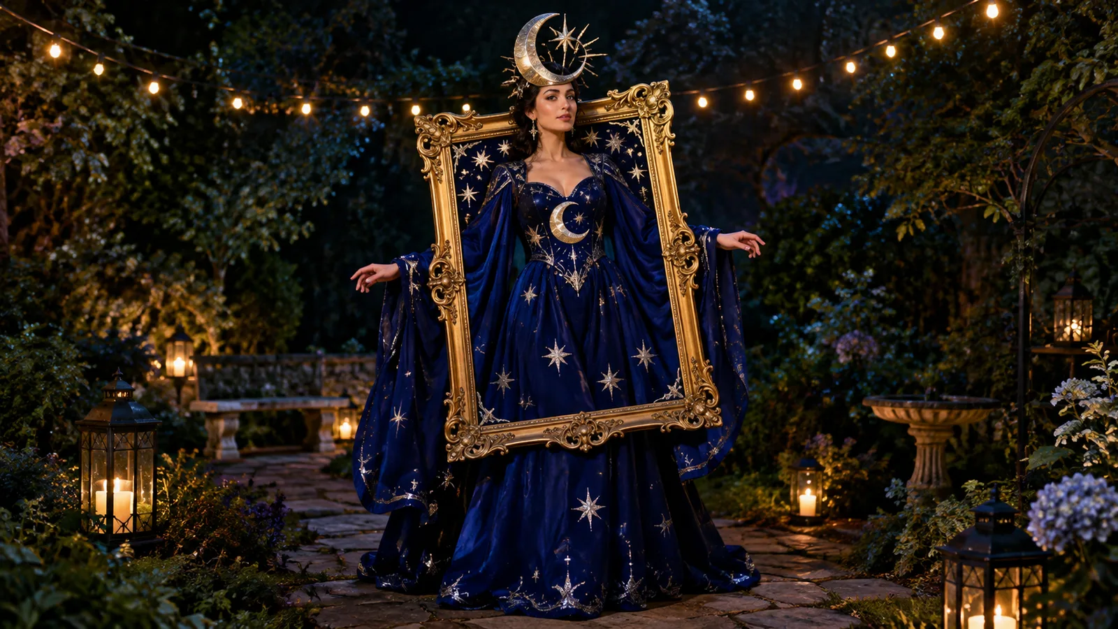 Person wearing a living tarot card costume with an ornate gold frame and star gown